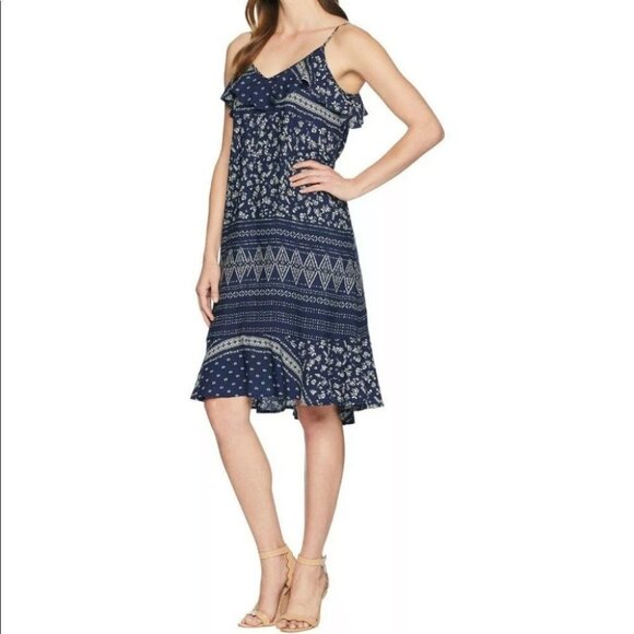 Vince Camuto Navy Ditsy Floral Liberty geometric Print ruffle midi dress S - Picture 16 of 16